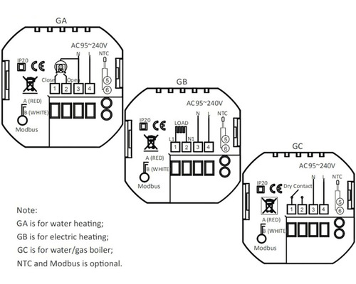 Schéma zapojení termostatů GA, GB a GC s poznámkami pro správné zapojení