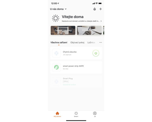 Snímek obrazovky chytrého telefonu s rozhraním aplikace Smart Home