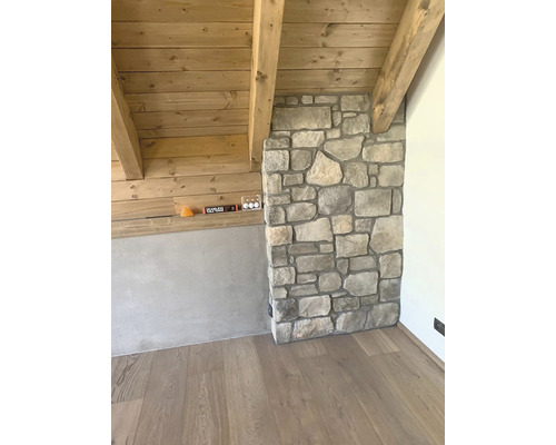 Pokoj s kamennými prvky na stěně a dřevěným stropem