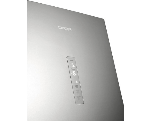 Detailní záběr chladničky s digitálním ovládacím panelem a logem Concept.