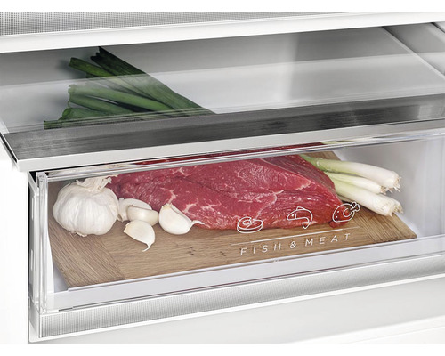 Detailní záběr chladničky se zásuvkou na ryby a maso, plnou hovězího masa, česneku a jarní cibule.