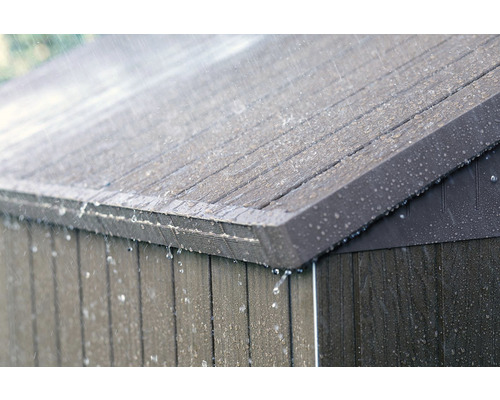 Detailní pohled na zahradní domek v dešti