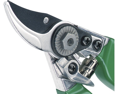 Detailní záběr zahradnických nůžek se zelenými rukojeťmi a stříbrnými čepelemi