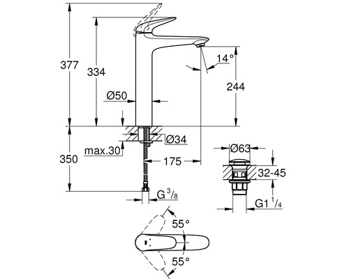 Technický nákres vodovodní baterie s rozměry