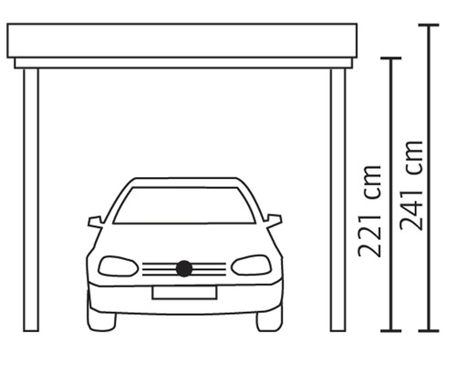 Nákres přístřešku pro auto s výškou 221 cm a 241 cm.