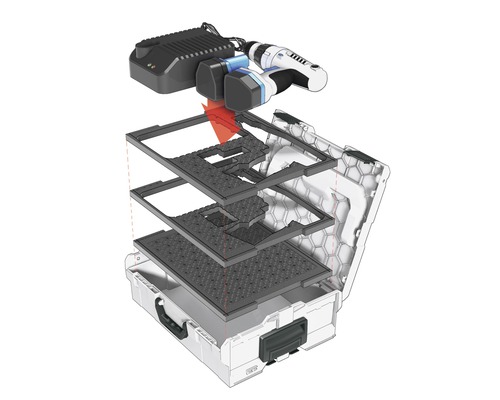 Kufr na nářadí s akumulátorovým vrtacím šroubovákem, akumulátory a nabíječkou s vkládacími policemi