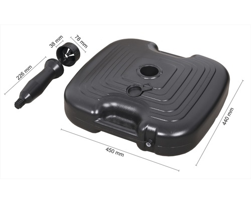 Plastový stojan na slunečník o rozměrech 450 krát 440 milimetrů a příslušenství.