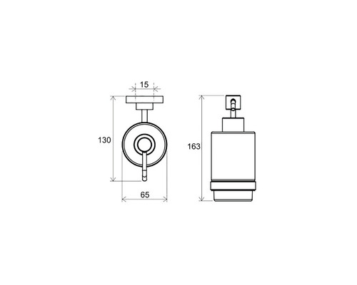 Technický nákres dávkovače mýdla s rozměry.