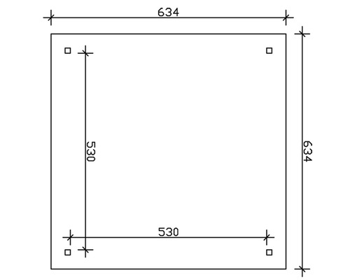 Technický výkres čtvercové desky o rozměrech 634 x 634 mm a vnitřního čtverce o rozměrech 530 x 530 mm