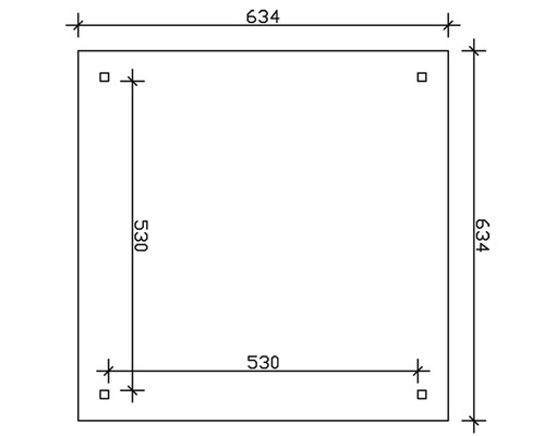 Technický výkres čtvercové desky o rozměrech 634 krát 634 milimetrů a montážními otvory