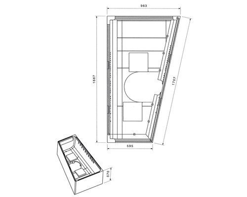 Technický nákres vany s rozměry