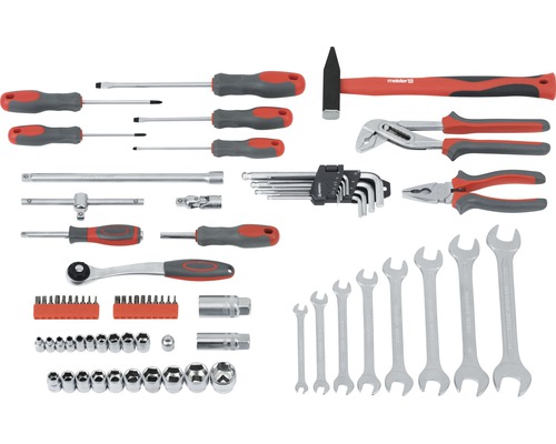 Sada nářadí s kladivem, šroubováky, kleštěmi, klíči, nástrčnými klíči a bity