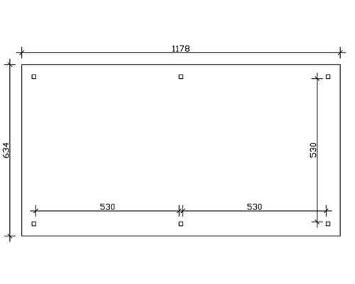 Technický výkres s rozměry: šířka 1178 mm, výška 634 mm, délka strany 530 mm