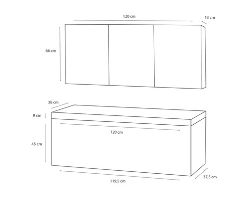 Kresba rozměrů nástěnné skříňky se třemi dvířky nad lavicí s truhlou, která ukazuje rozměry položky