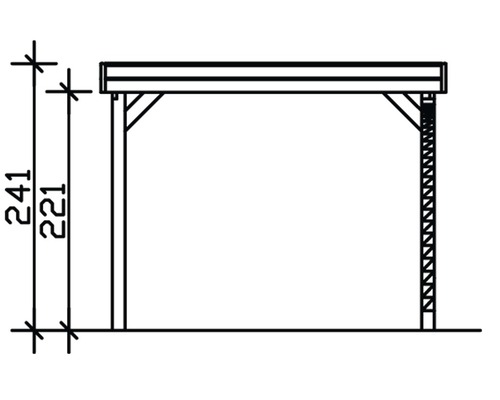 Rozměrový náčrt dřevěného přístřešku pro auto s výškovými údaji