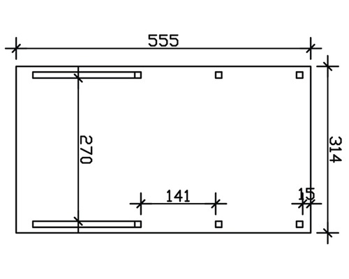 Technický nákres s rozměry: délka 555, šířka 314, vzdálenost 270, vzdálenost 141