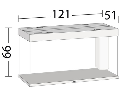 Nákres akvária o rozměrech 121 x 51 x 66 cm.