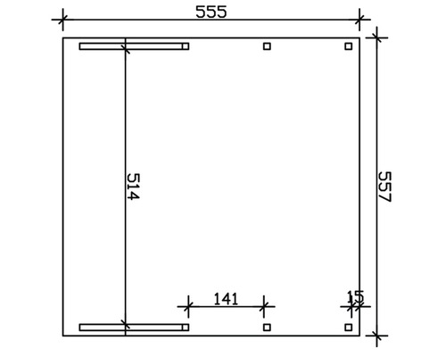 Technický výkres s rozměry 555 mm, 557 mm, 514 mm, 141 mm a 15 mm