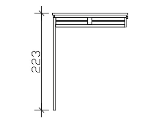 Technický nákres roletové skříně s výškovou specifikací 223 milimetrů