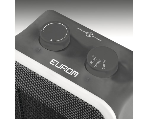 Detailní pohled na topné zařízení s otočnými ovladači pro nastavení teploty a výkonu 0 W, 800 W, 1600 W a 2400 W a také logem Eurom