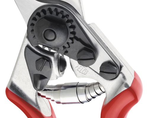 Detailní záběr zahradních nůžek s ozubeným mechanismem a pružinou