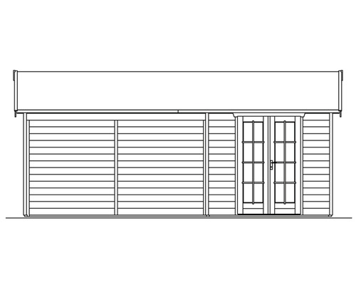 Ilustrace zahradního domku s dvoukřídlými dveřmi