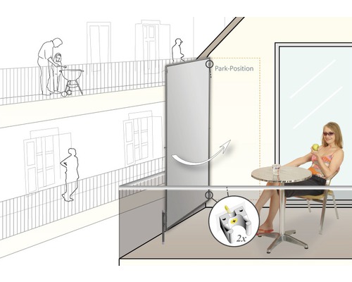 Balkónová scéna s boční markýzou pro zajištění soukromí a ochranu před sluncem a větrem.