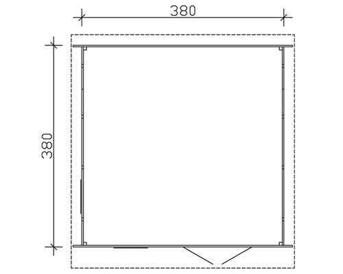 Technický nákres zahradního domku o rozměrech 380 x 380 centimetrů.