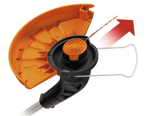 Žací hlava strunové sekačky s ochranným obloukem a červenou šipkou