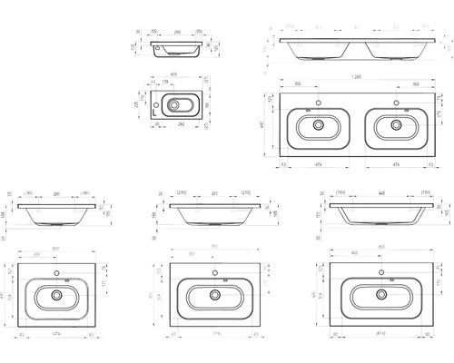 Technický nákres umyvadla s rozměry