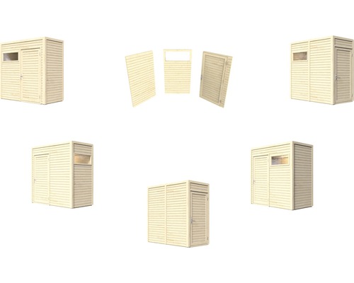 Několik pohledů na dřevěný zahradní domek s dveřmi a oknem