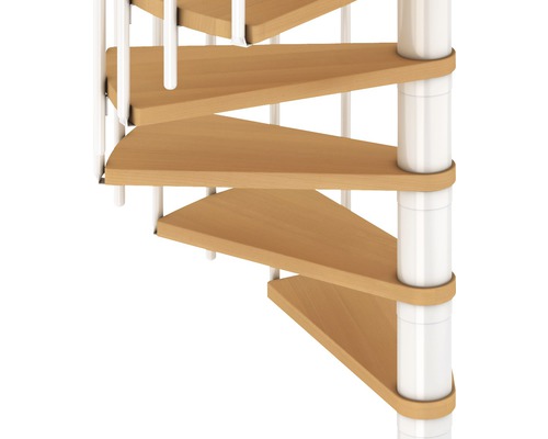 Detailní záběr točitého schodiště s dřevěnými stupni a kovovým zábradlím