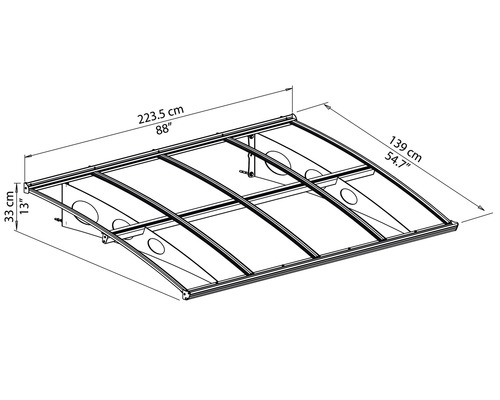 Technický nákres stříšky nad vchodové dveře s rozměry