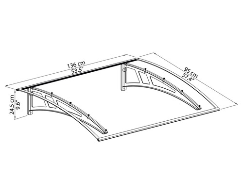 Technický výkres stříšky nad vchodové dveře s rozměry