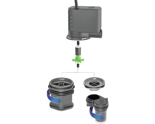 Rozložený pohled akvarijního čerpadla s rotorem a čerpadlovou komorou