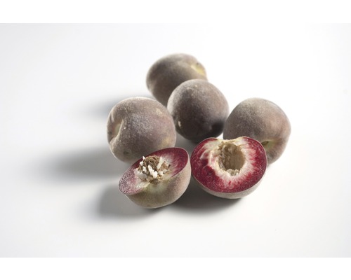 Několik broskví, z nichž dvě jsou rozpůlené