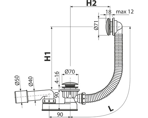 Technický výkres sifonu s rozměry