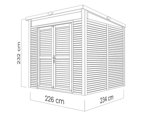 Ilustrace zahradního domku s rozměry 232 cm na výšku, 226 cm a 234 cm na šířku.