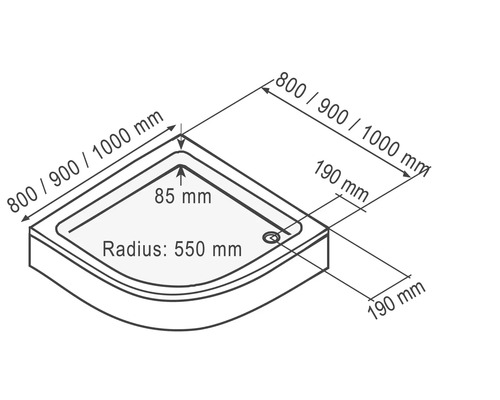 Technický výkres sprchové vaničky o rozměrech 800, 900 nebo 1000 mm, poloměru 550 mm a výšce 85 mm