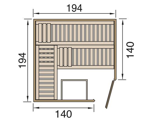 Půdorys sauny o rozměrech 194 krát 194 centimetrů a 140 krát 140 centimetrů.