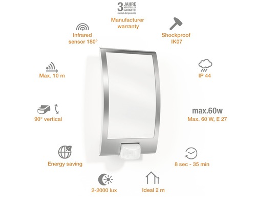 Venkovní nástěnné svítidlo Steinel IP44 E27 60 W nerezová ocel se senzorem pohybu