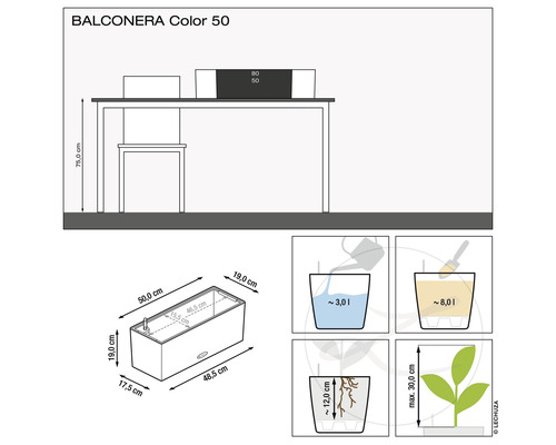 Produktová ilustrace truhlíku Balconera Color 50 s rozměry a informacemi o množství vody a výšce rostliny.