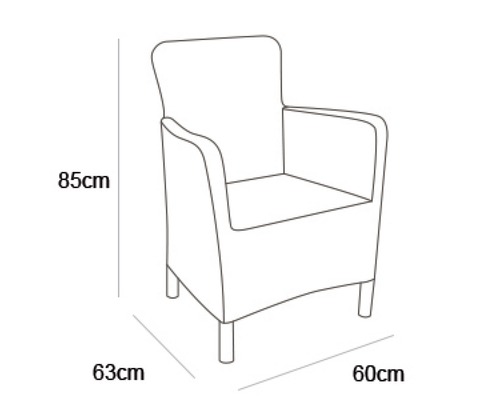 Nákres křesla o rozměrech 85 cm výška, 63 cm hloubka a 60 cm šířka