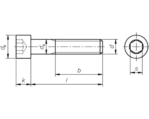 Technický nákres šroubu s válcovou hlavou a vnitřním šestihranem