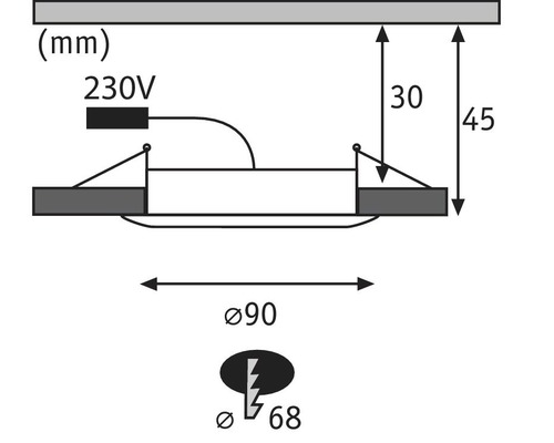 Technický nákres vestavného svítidla s rozměry a symbolem 230 V
