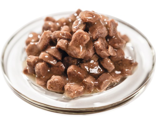 Kousky krmiva pro kočky ve skleněné misce