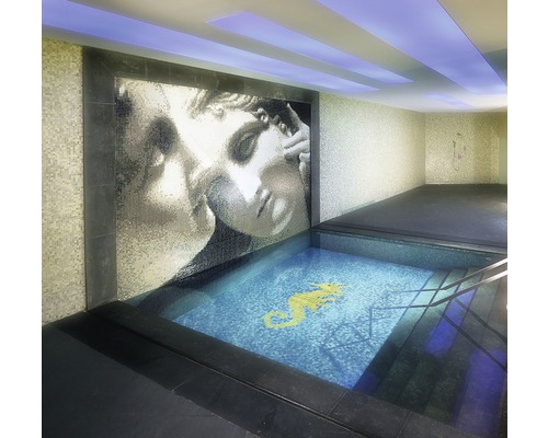 Interiér s mozaikovým obrazem na stěně a bazénem s motivem mořského koníka