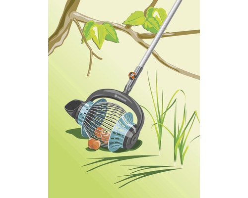 Ilustrace sběrače ořechů s teleskopickou tyčí pod stromem