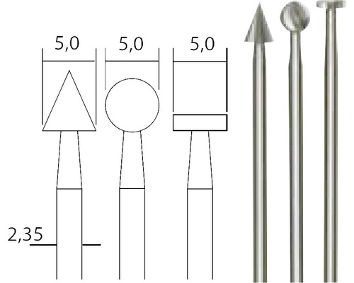 Obrázek vrtacích fréz s různými tvary hlavy