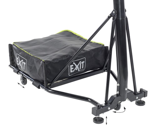 Detailní pohled na přenosný basketbalový stojan s balastní skříní a nastavitelnými nožičkami